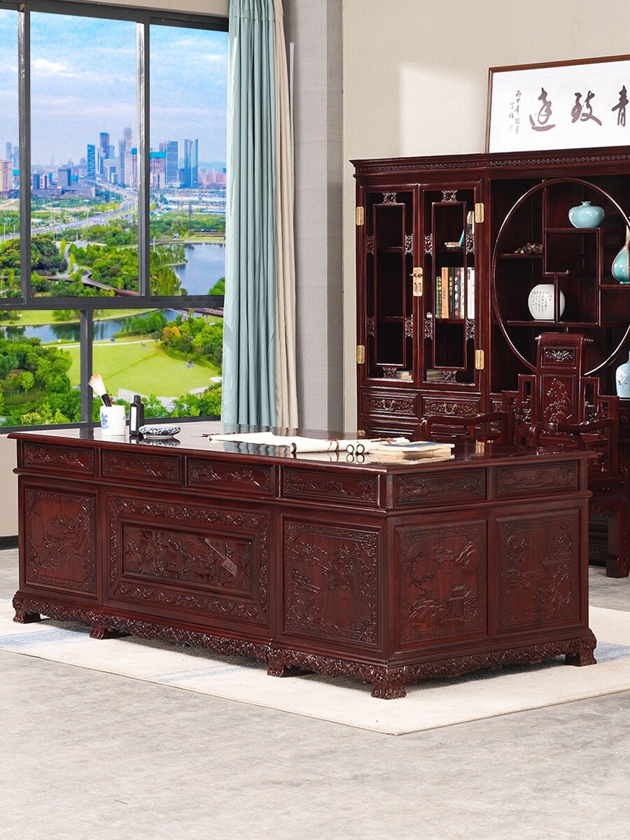 红木家具办公桌电脑桌非洲红酸枝木全实木新中式书桌组合书柜东阳