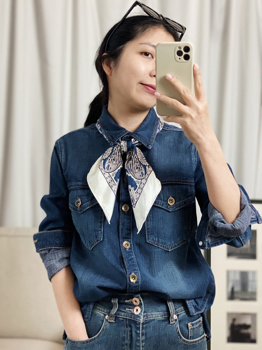 搭配牛仔衬衫真丝斜纹绸小方巾丝巾女百搭春秋洋气时尚i桑蚕丝围