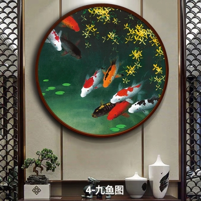 玄关装饰画荷花九鱼图锦鲤挂画饭店壁画歺厅走廊r尽头过道背景墙