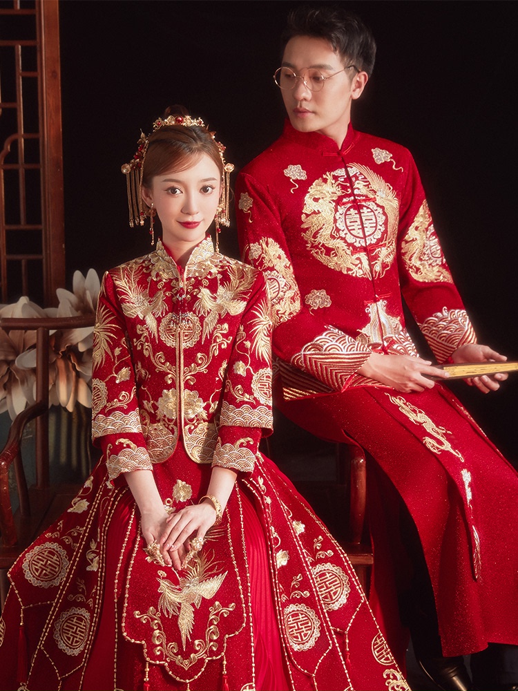 一折秀禾服男女 套装_秀禾服2021年新款夏季新娘新郎情侣款男女套装