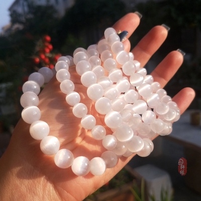 天然摩洛哥透石膏手串白色一线强猫眼石手链e女单圈高频能量疗愈
