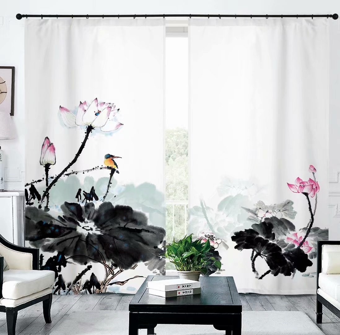 20中式窗帘新中式客厅高档大气别墅水墨山水画荷花中国风禅意窗纱5