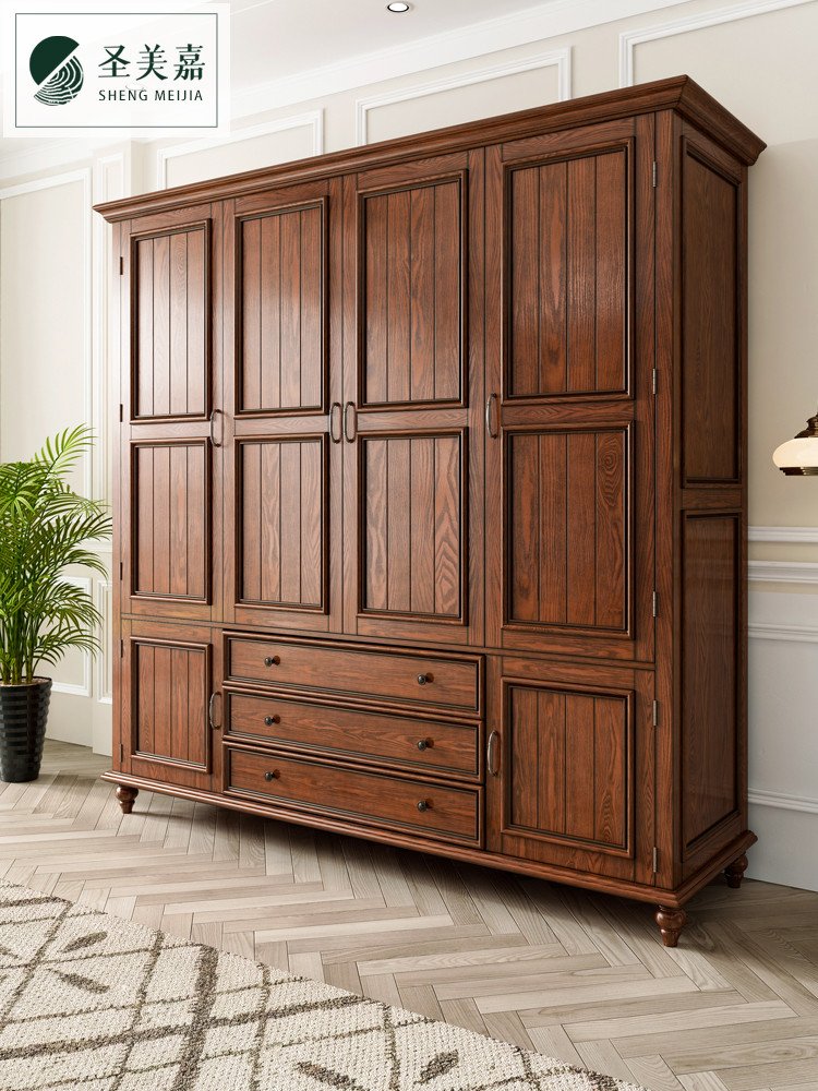 美式全实木衣柜3门4门衣橱乡村卧室家用做旧复古风对平开门大衣柜