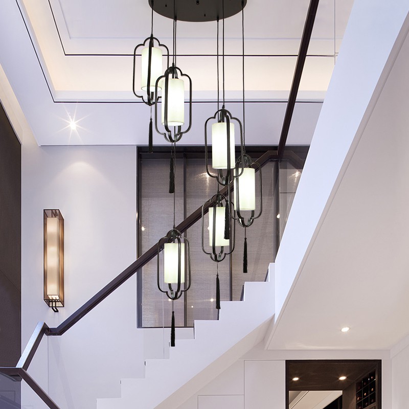 新中式楼梯吊灯中国风别墅复式高档间长吊灯客餐厅三头单头吊灯具
