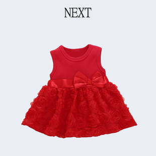 Next婴儿夏季女宝宝公主裙儿童满月百天周岁红色礼服蕾丝连衣纱裙