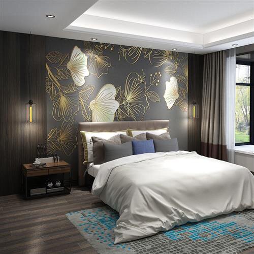 新中式墙布电视背景墙卧室客厅沙发墙纸轻奢金色浮雕y线条花朵壁