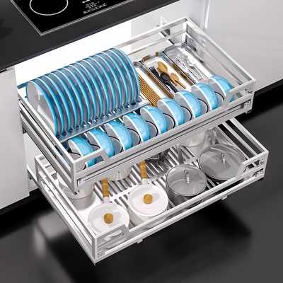 拉篮r厨房橱柜双层抽屉式304不锈钢碗篮碗碟碗架调味拉蓝内置缓冲
