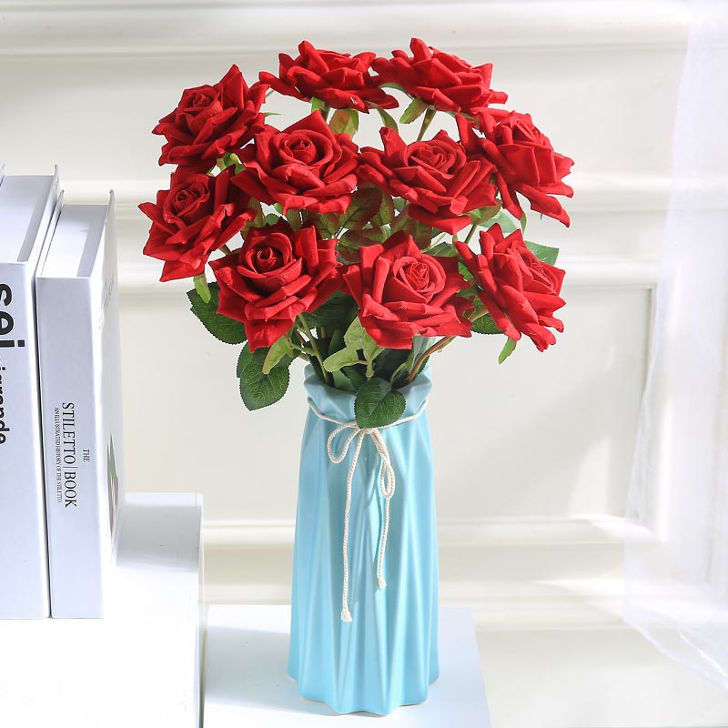 现代简约陶瓷插花花瓶仿真玫瑰花束假花客厅红色干e花家居装饰摆