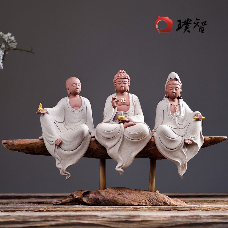 陶瓷娑婆三圣禅s意摆件客厅茶室会所装饰工艺品中式创意软装观音
