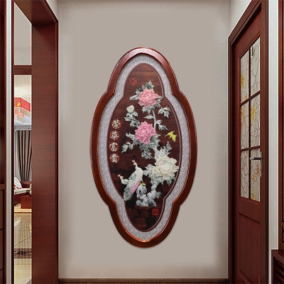 新中式客厅入户玄关装饰画餐厅实木玉雕挂画浮雕走廊过道竖版墙画