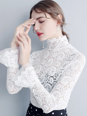 秋冬白色高领蕾丝打底衫女加绒长袖洋气内搭喇叭袖镂空网纱上衣仙