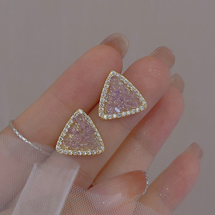 紫色水晶耳环女2023新款爆款几何三角形小众轻奢高级感甜美耳饰夏