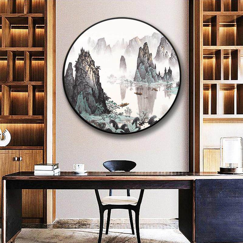 新中式玄关山水画圆形装饰画千峰竞秀壁画漓江客厅国画大气挂画