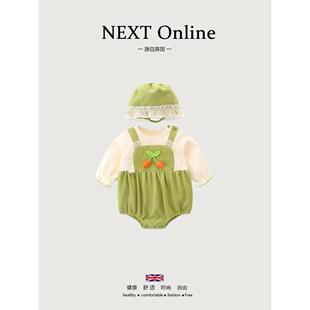 英国NEXT婴儿春秋季韩版绿色甜美三角包屁衣女宝宝纯棉连体衣帽子