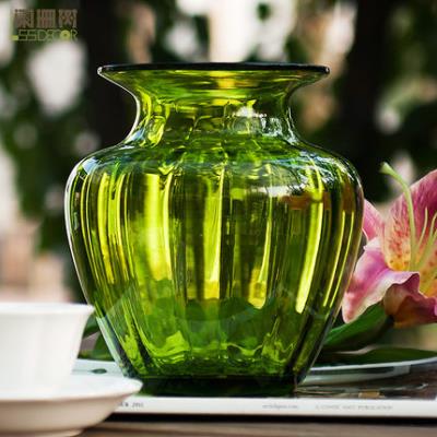 松石墨绿色浮雕透明彩色玻璃插花瓶器复古摆件m客厅简约水养