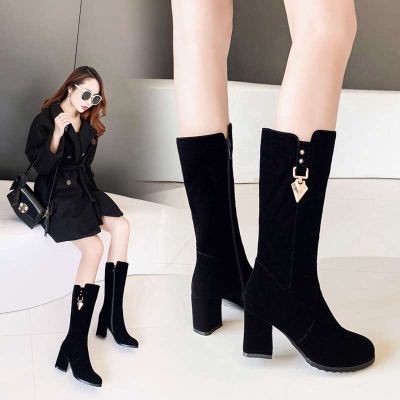 高跟中筒靴女靴2021新款冬季女鞋粗跟e女式靴子绒面侧拉链磨砂百