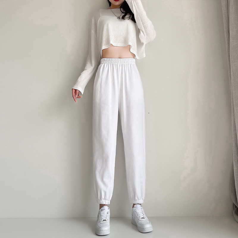 断码清仓白色运动裤女宽k松束脚夏季薄款高腰显瘦九分休闲卫裤潮