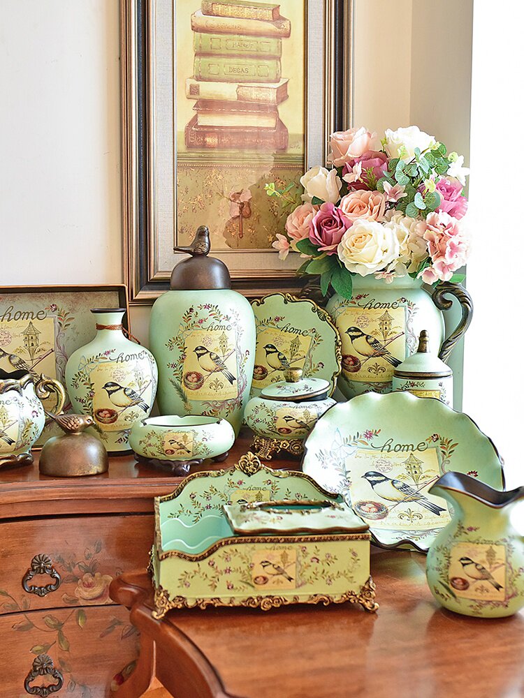 欧式陶瓷花瓶装饰品摆件美式家居餐桌客厅玄关干花插花器m仿真花