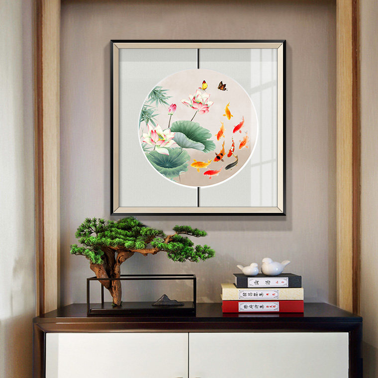 新中式入户玄关九鱼图装饰画中国风荷花正方形挂画客厅背景墙壁画