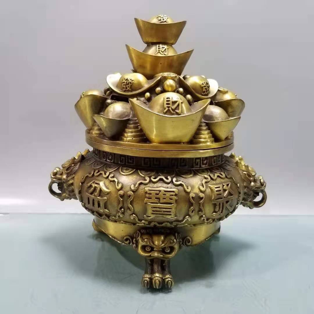 纯铜聚宝盆摆件五路g财神聚财盆大号存钱罐招财客厅装饰品店铺开
