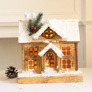 圣诞节装饰木质房子带灯橱窗场景圣诞木屋布置雪景小房子装饰摆件