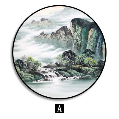 新中式装饰y画风景聚宝盆山水画客厅风水玄关走廊山水瀑布圆形挂