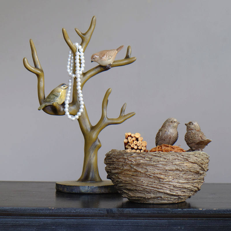 美式法式乡村田园复古小鸟装饰摆件创意礼品复古树枝首饰架摆设