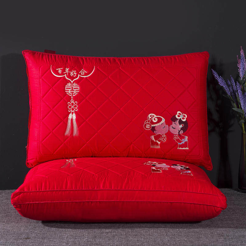 新款绣花情侣刺绣结婚枕头一对装婚庆用品大全大红色喜庆婚枕芯子