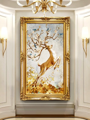 玄关油画手绘竖版欧式壁画客厅走廊过道挂画美式玄幻装饰画招财鹿