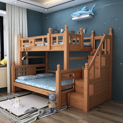 榉木上下床双层床全实木步梯高低e床子母床儿童梯柜床多功能双架