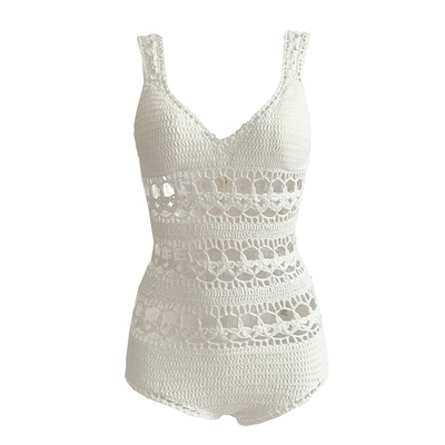 遮泳装性感露背钩花女泡温泉新款编织针织d镂空2019白色泳衣连体