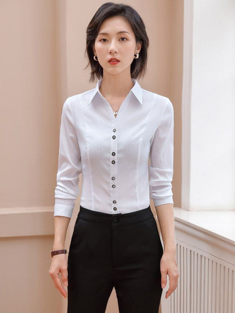 高弹力竖条纹衬衫女长袖职业2021春季新款工作服v领大码白衬衣寸