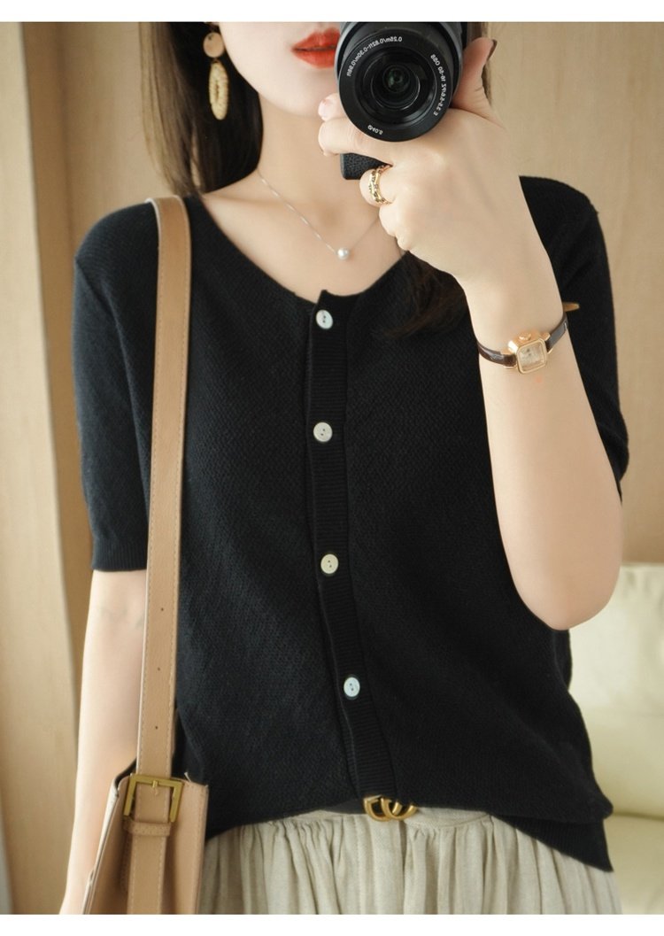 春夏100纯棉线针织短袖开衫女v领短款宽松外套全棉线半袖t恤上衣