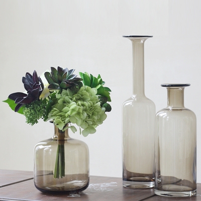 北欧透明长颈玻璃花瓶烟灰k色茶色美式创意客厅餐桌家用摆件插花