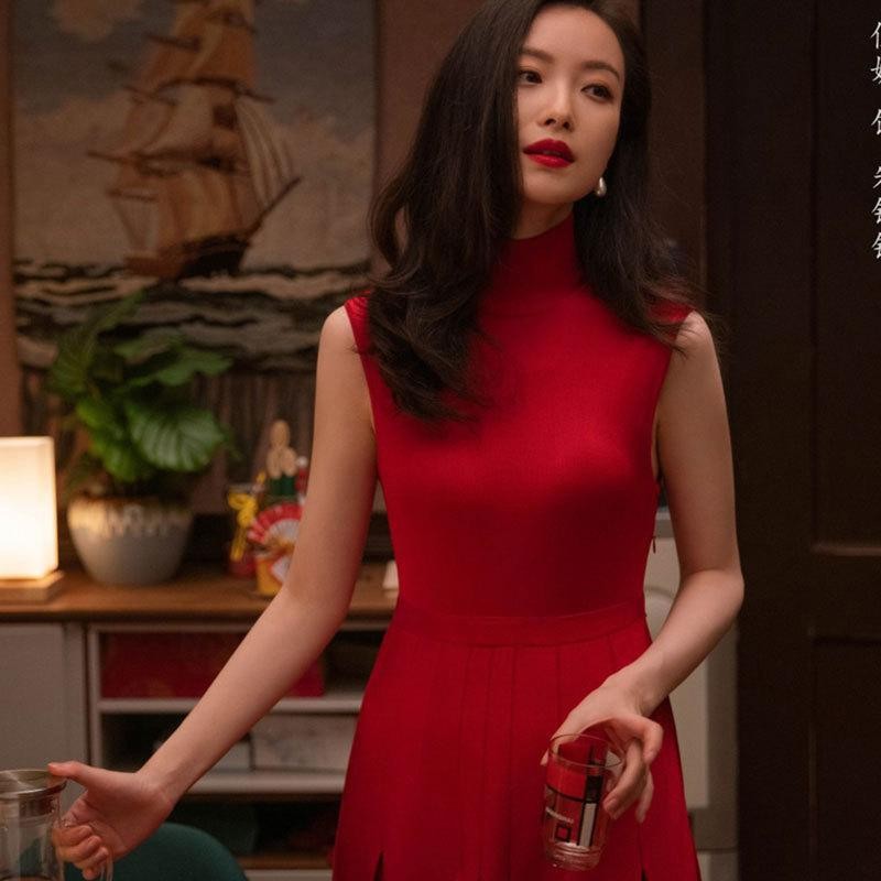 倪妮同款连衣裙流金岁月红色朱锁锁无袖女气质春2021新款修身明星