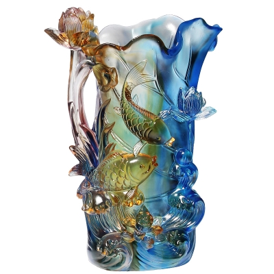 琉璃工艺品荷花花瓶鱼摆件家居客厅玻璃饰品乔迁新居礼品高档轻奢