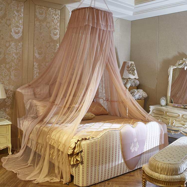 高档白色灰色圆顶蚊帐吊挂网纱落地公主风床幔支架免安装圆床18m