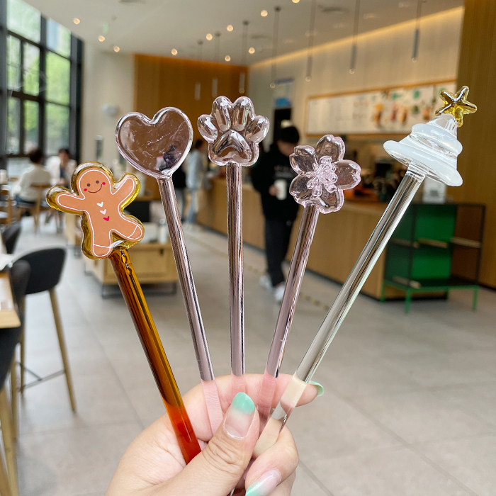 星巴克搅拌棒新款粉色大樱花猫爪玻璃咖啡搅拌棒果汁牛奶引流棒