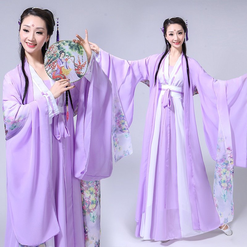 魏晋风仙女裙_广袖汉服女菩提雪古装服仙女齐腰襦裙紫色汉服唐制清新