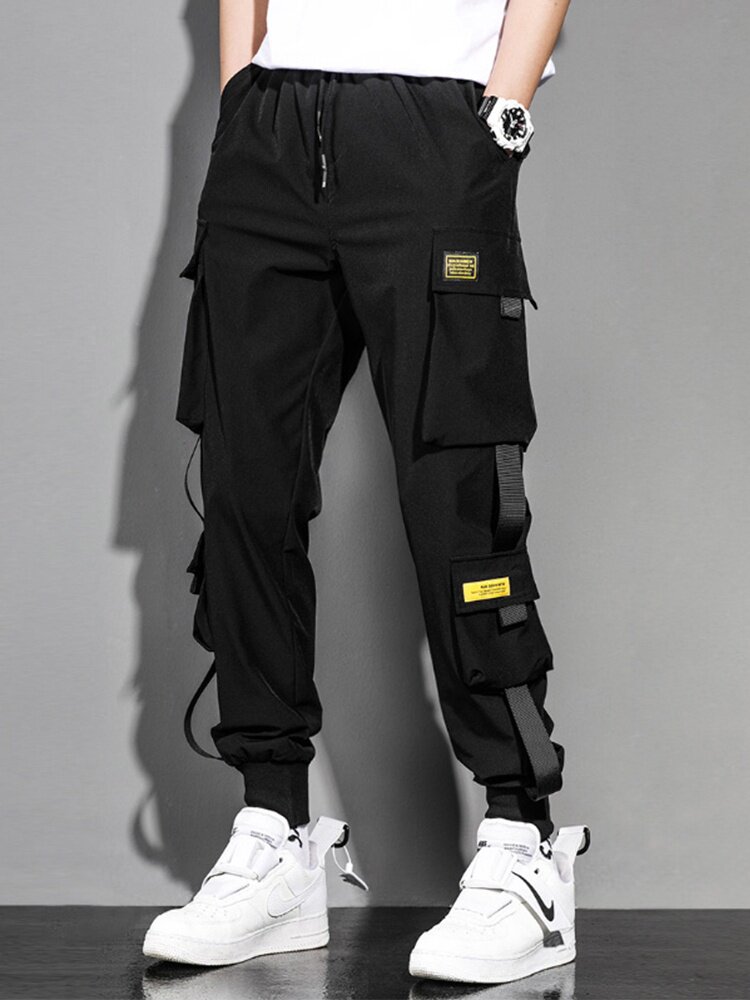 暗黑系工装裤男机能潮牌飘带韩版潮流帅气春秋款冰丝休闲束脚裤子