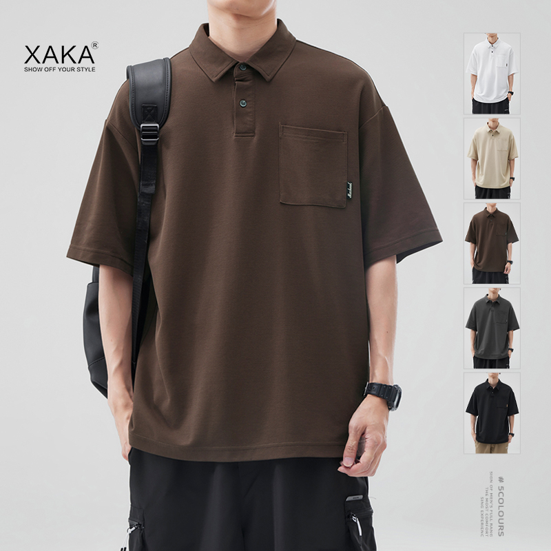 XAKA 夏季新款重磅纯色polo衫短袖男宽松美式潮牌t恤翻领口袋半袖
