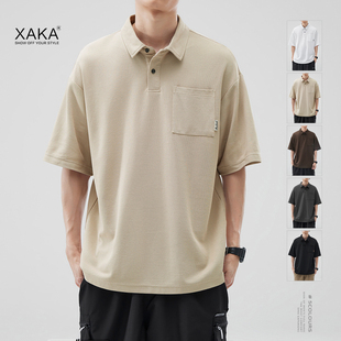 XAKA 2024夏季重磅短袖polo衫男美式潮牌短袖t恤口袋翻领宽松半袖