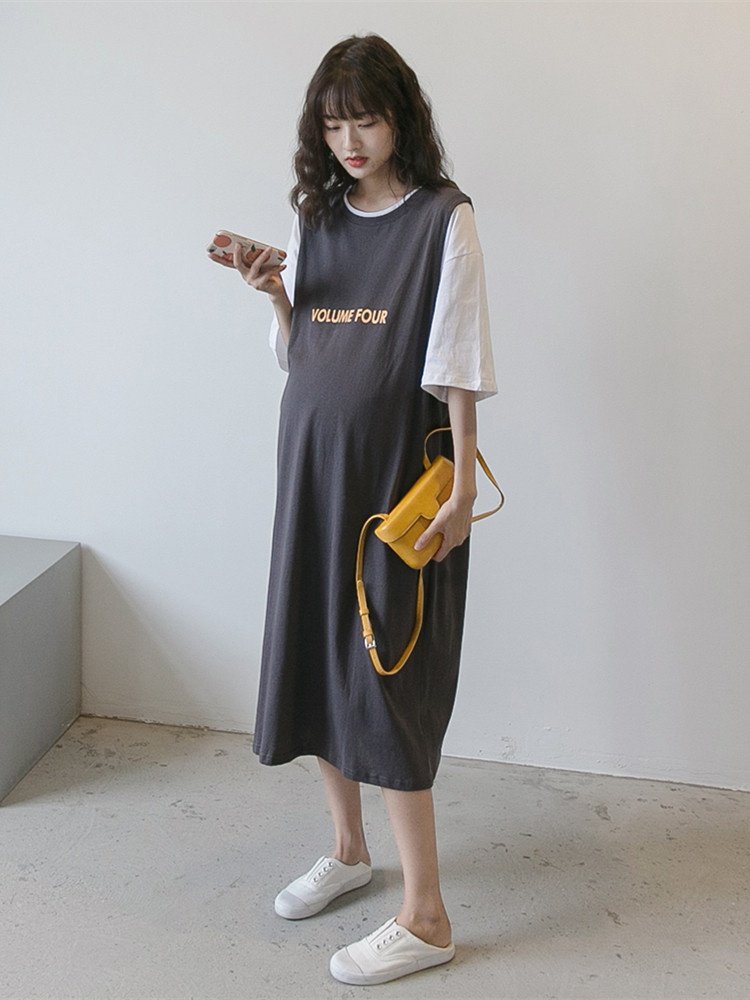 孕妇过膝长裙夏天裙子连衣裙韩版宽松时尚撞色假两件春夏装t恤裙