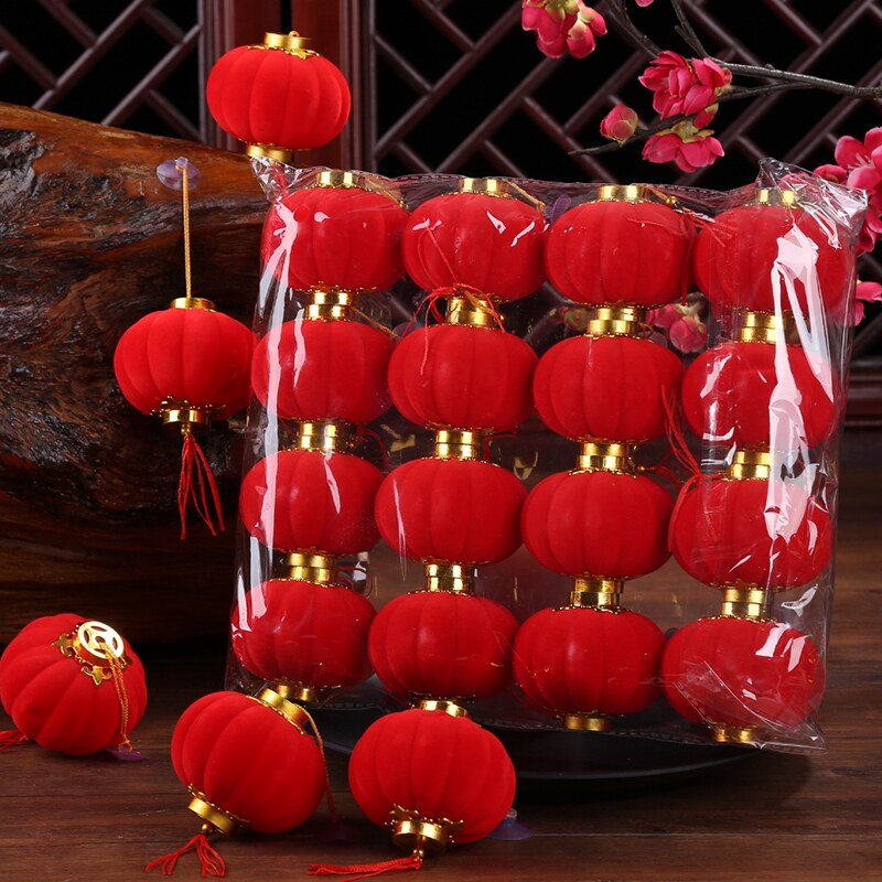 广州高档小灯笼植绒大红盆景挂饰过年装饰挂件室内客厅新年场景