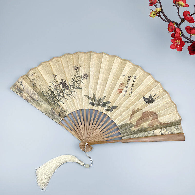 寸复8古风扇子折扇双面中国风男女汉服旗袍猫咪蝴蝶夏季日用竹扇