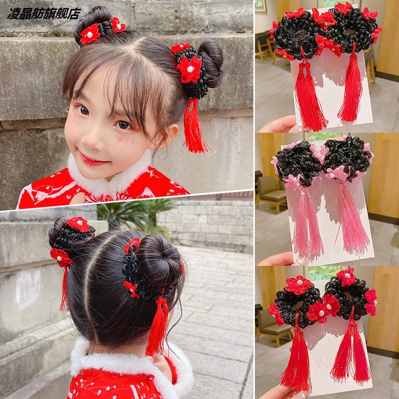 皮筋古风丸子头发饰宝宝新年假发流苏发圈女童中国风过年儿童头饰