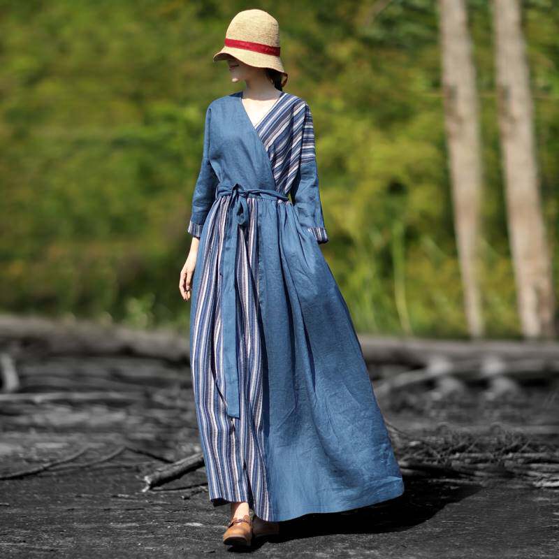 一折条纹裙子连衣裙 秋冬款_纯亚麻连衣裙秋冬款条纹拼接撞色长裙文艺