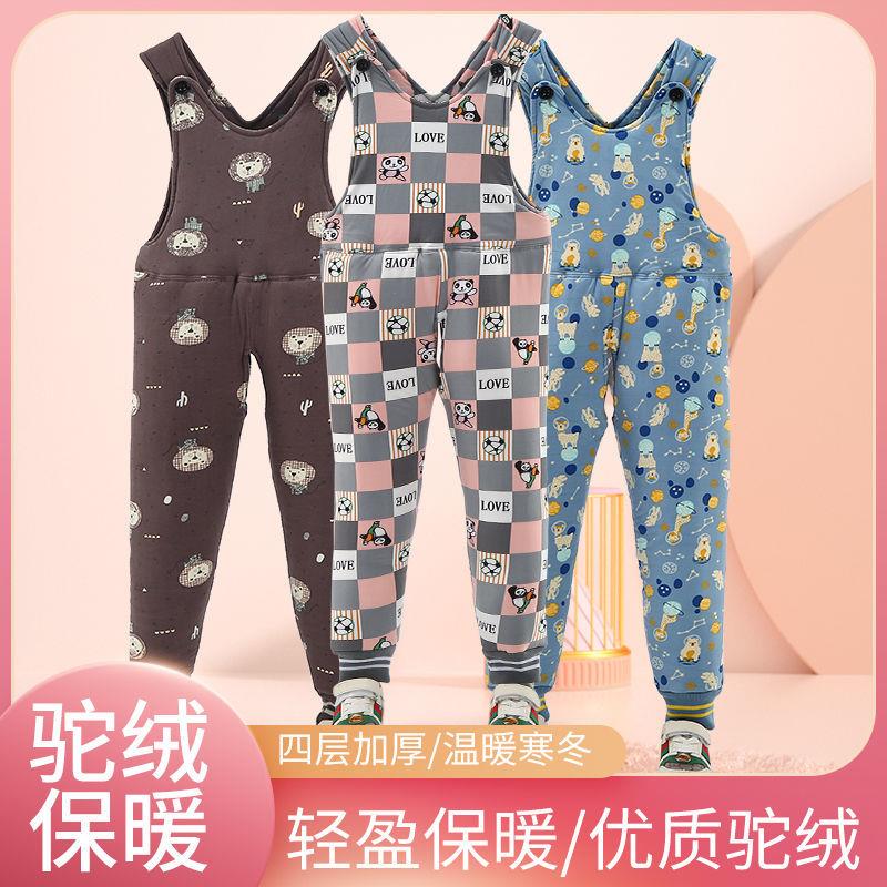 宝宝男女儿童驼绒背带棉裤保暖棉裤加厚加绒开裆婴幼儿连体棉裤