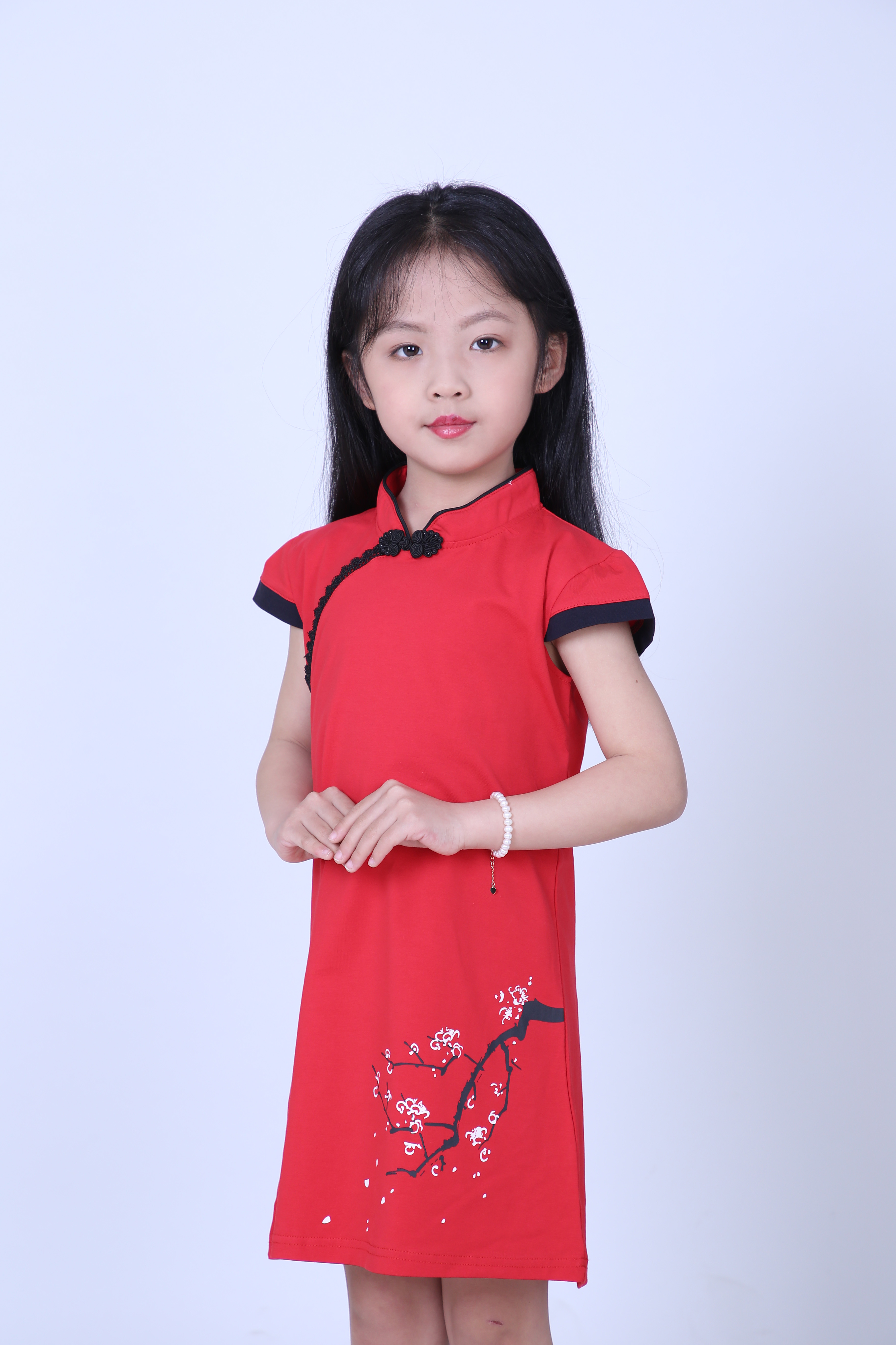 儿童中式针织旗袍夏季女童红色复古中式连衣裙中国风裙子演出服