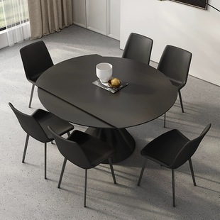 轻奢岩板餐桌椅组合黑色可旋转伸缩方圆两用意式家用简约现代饭桌